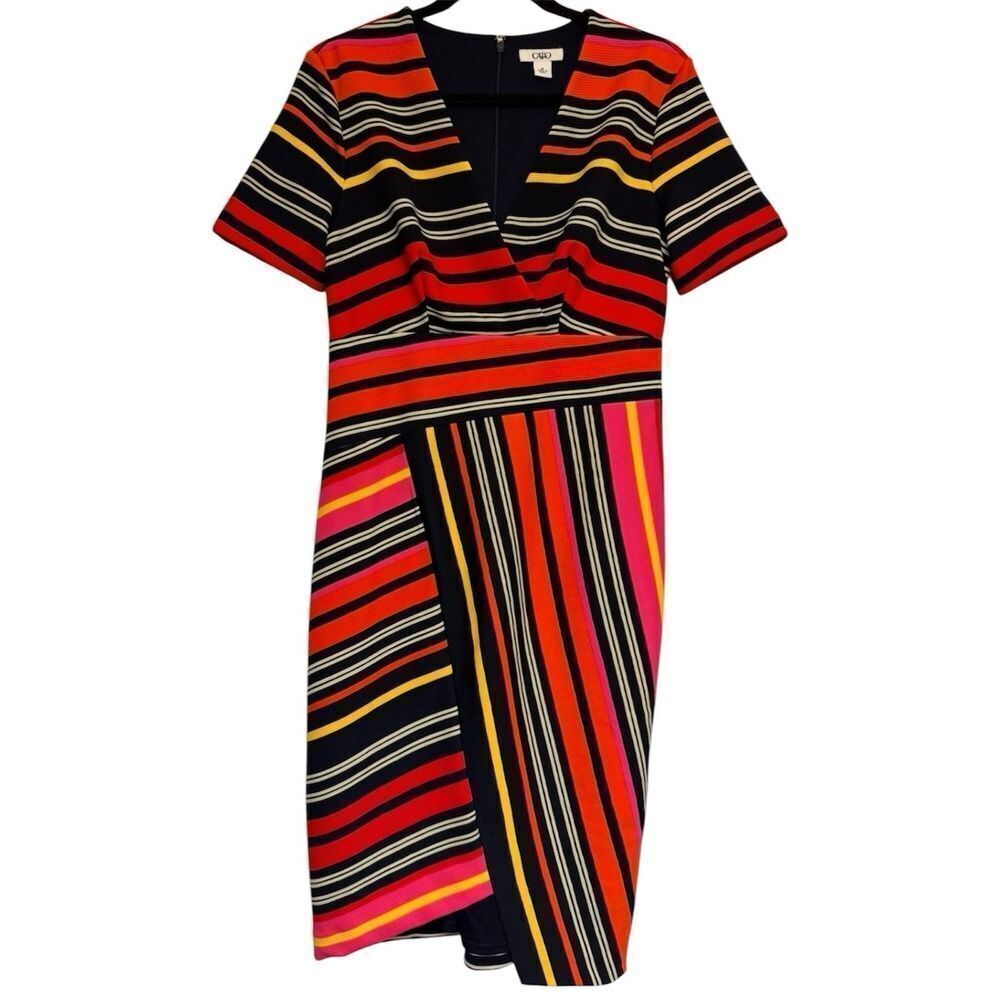 Cato Fully Lined Multicolor Dress with Multidirectional Stripes V-Neck Size 10